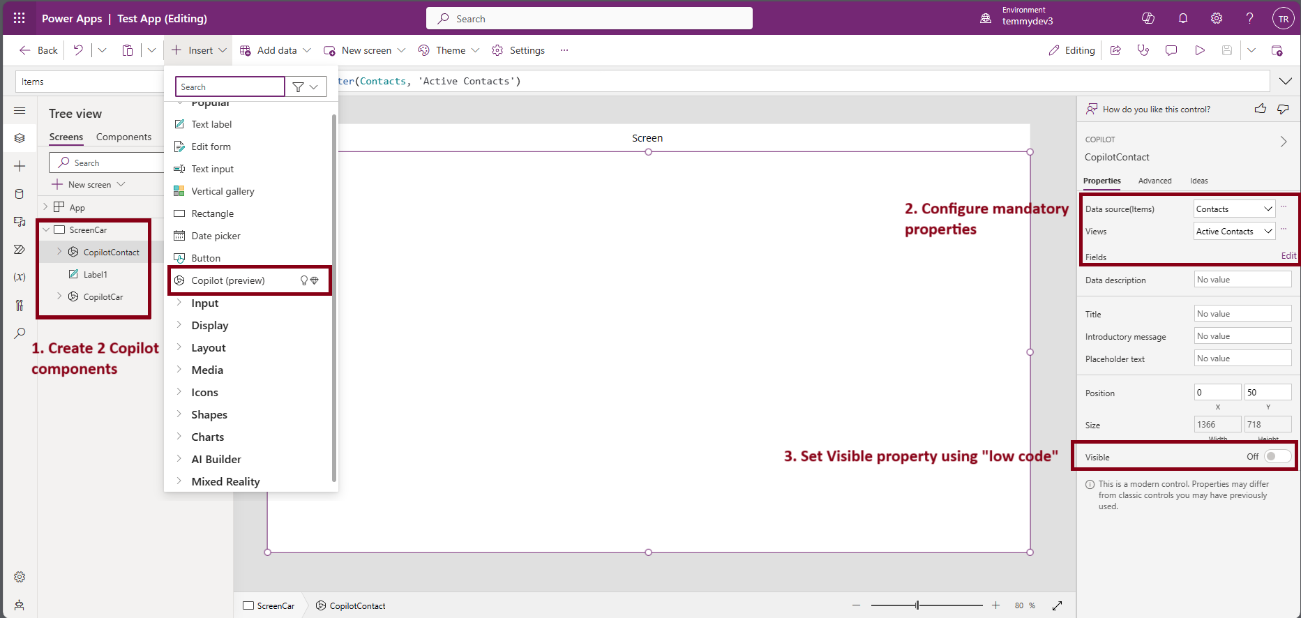 Canvas App for showing AI Copilot component