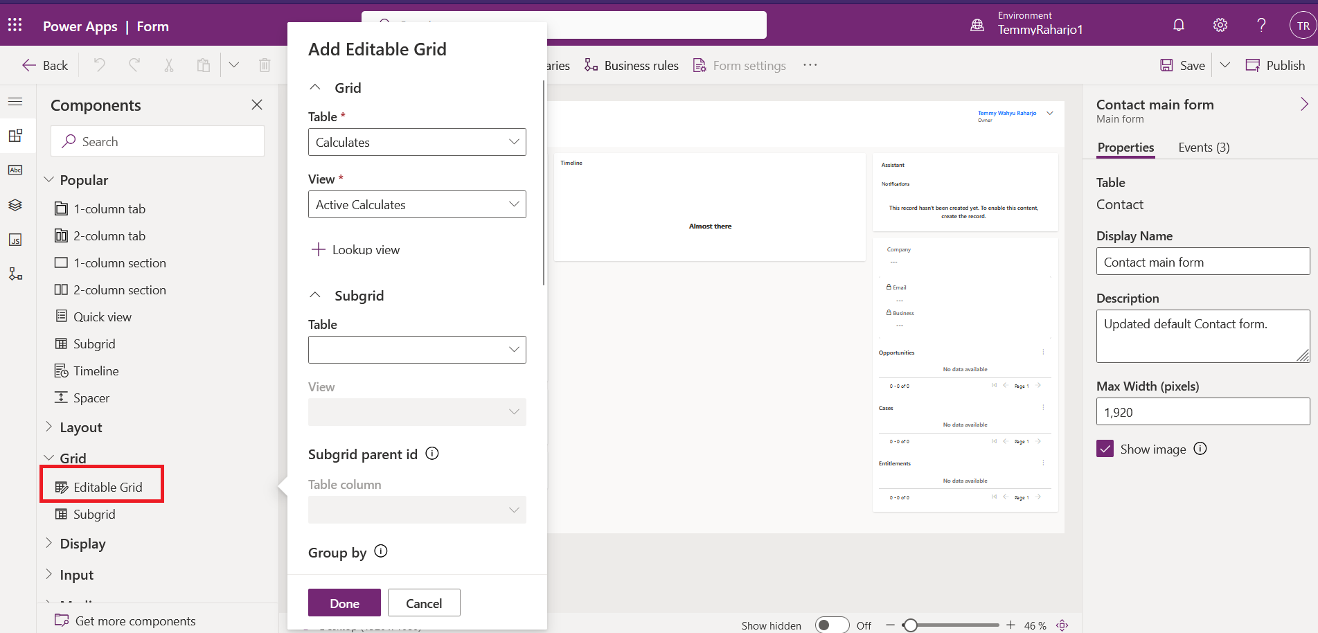 Add Editable Grid to the form