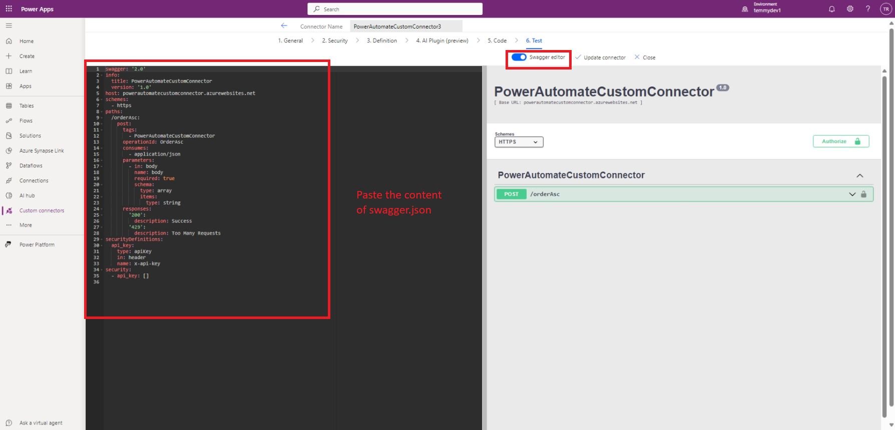 Change the Custom Connector definition