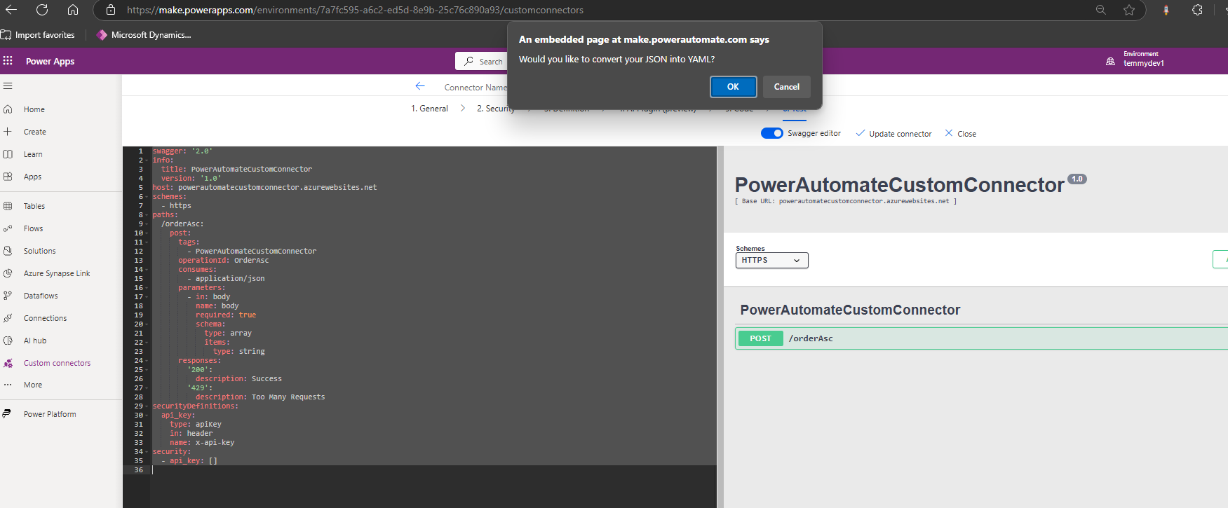 Confirmation to paste the JSON as YAML