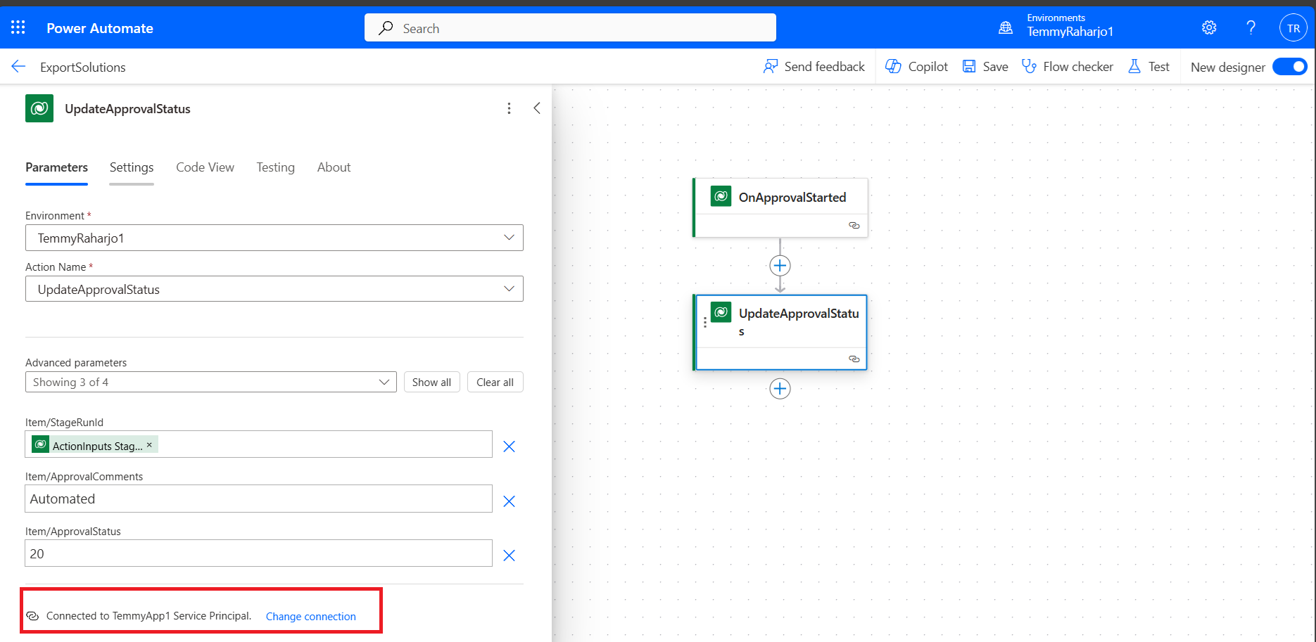 Action to trigger UpdateApprovalStatus needs to be run on the Service Principal's context