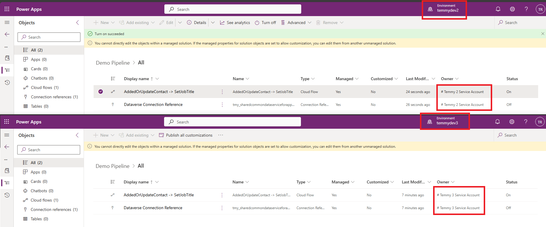Solution Imported with a different owner between temmydev2 and temmydev3