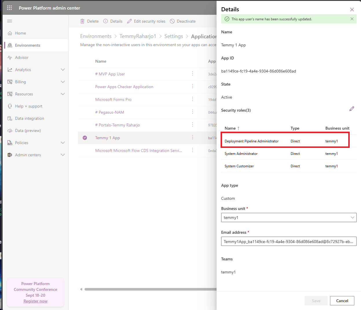 Add Security Role "Deployment Pipeline Administrator" to the Service Account