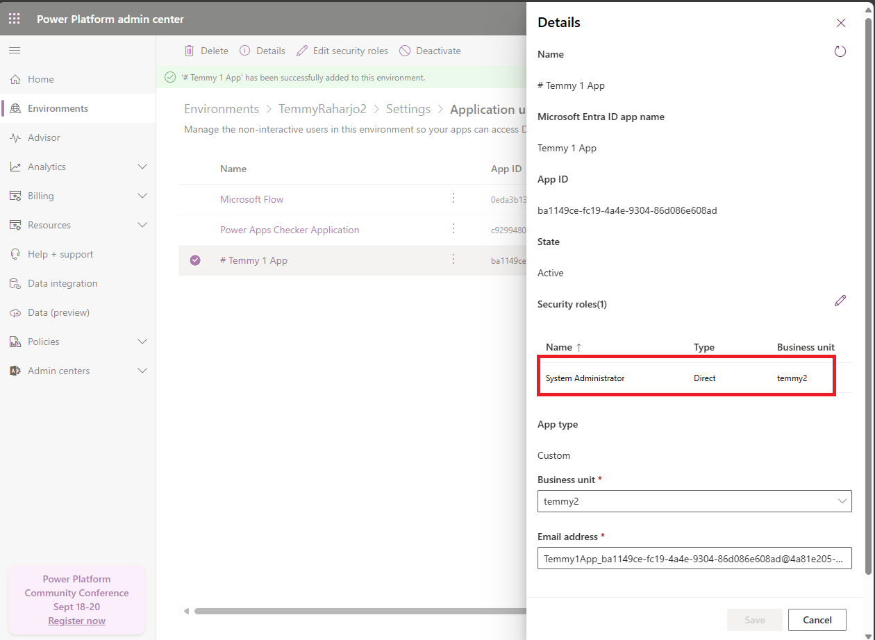 On Target Environment, add the System Administrator security role to the Service Account