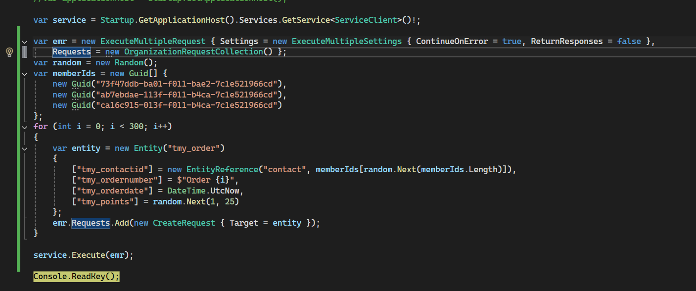 Code to simulate bulk processing via Dataverse