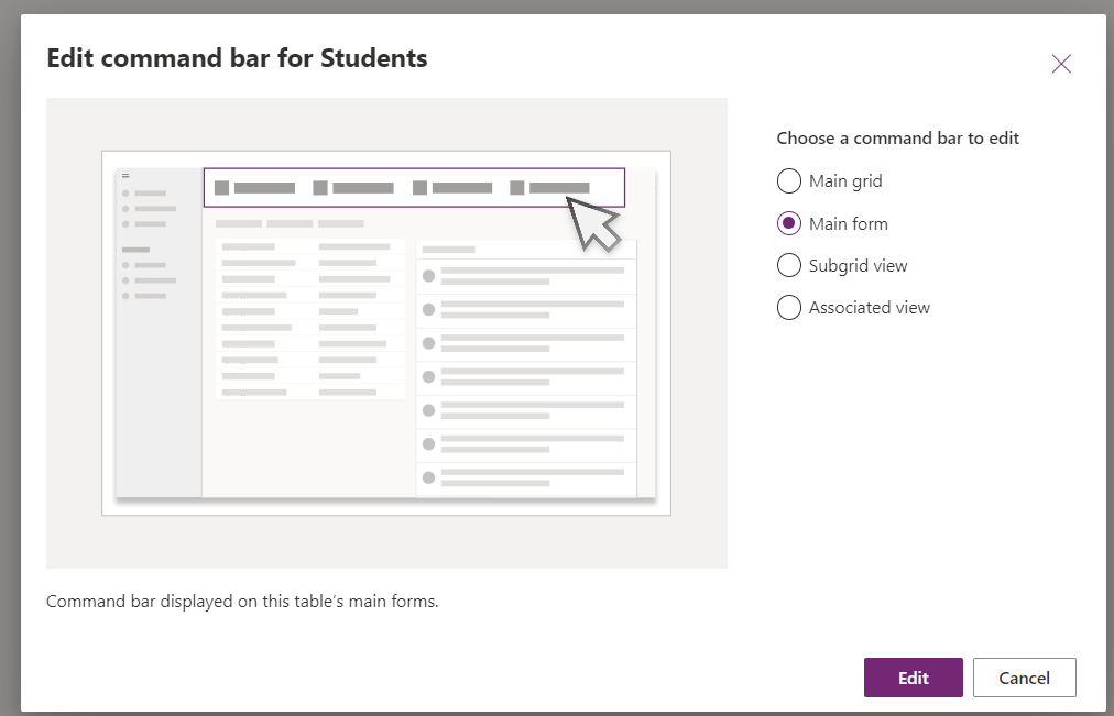Edit command bar dialog